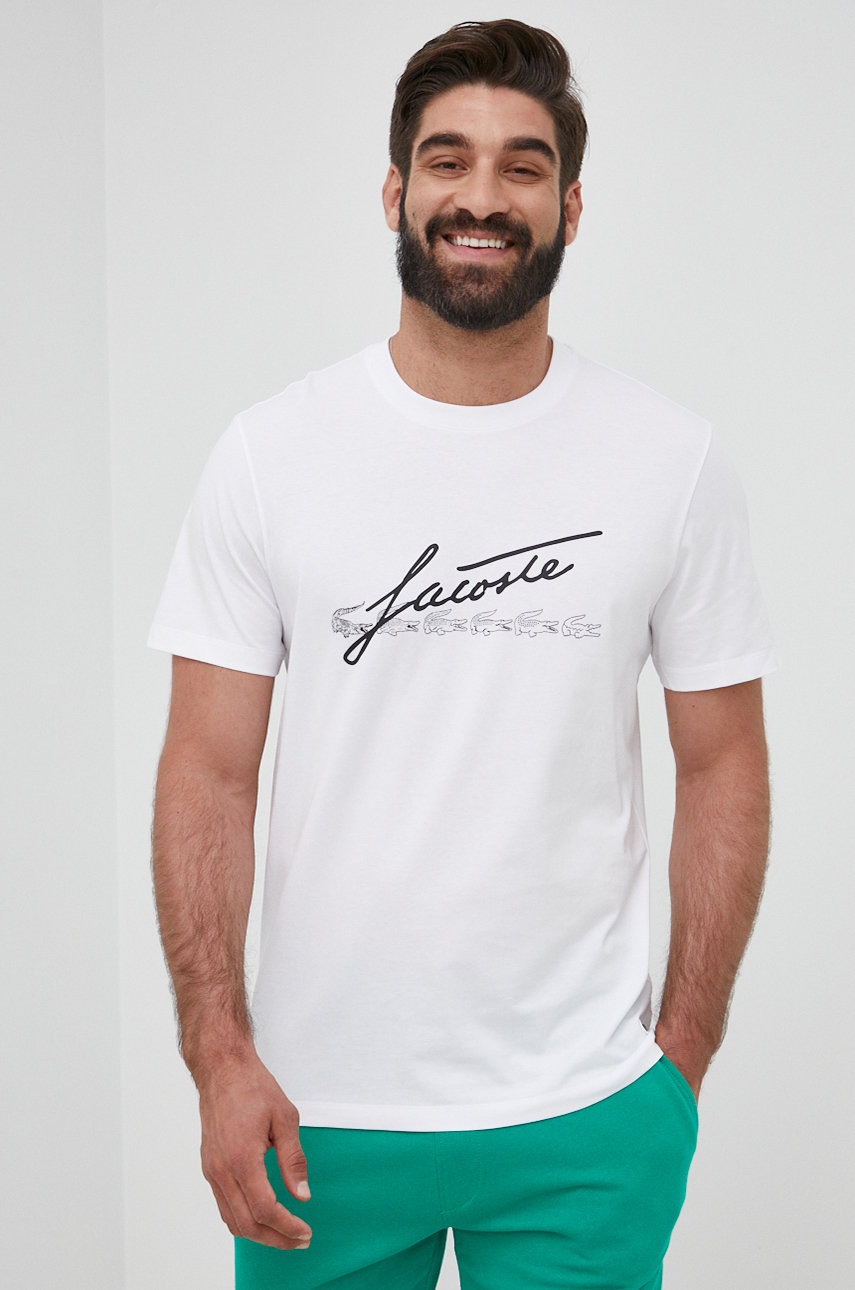 

Памучна тениска Lacoste в бяло с принт, Бял