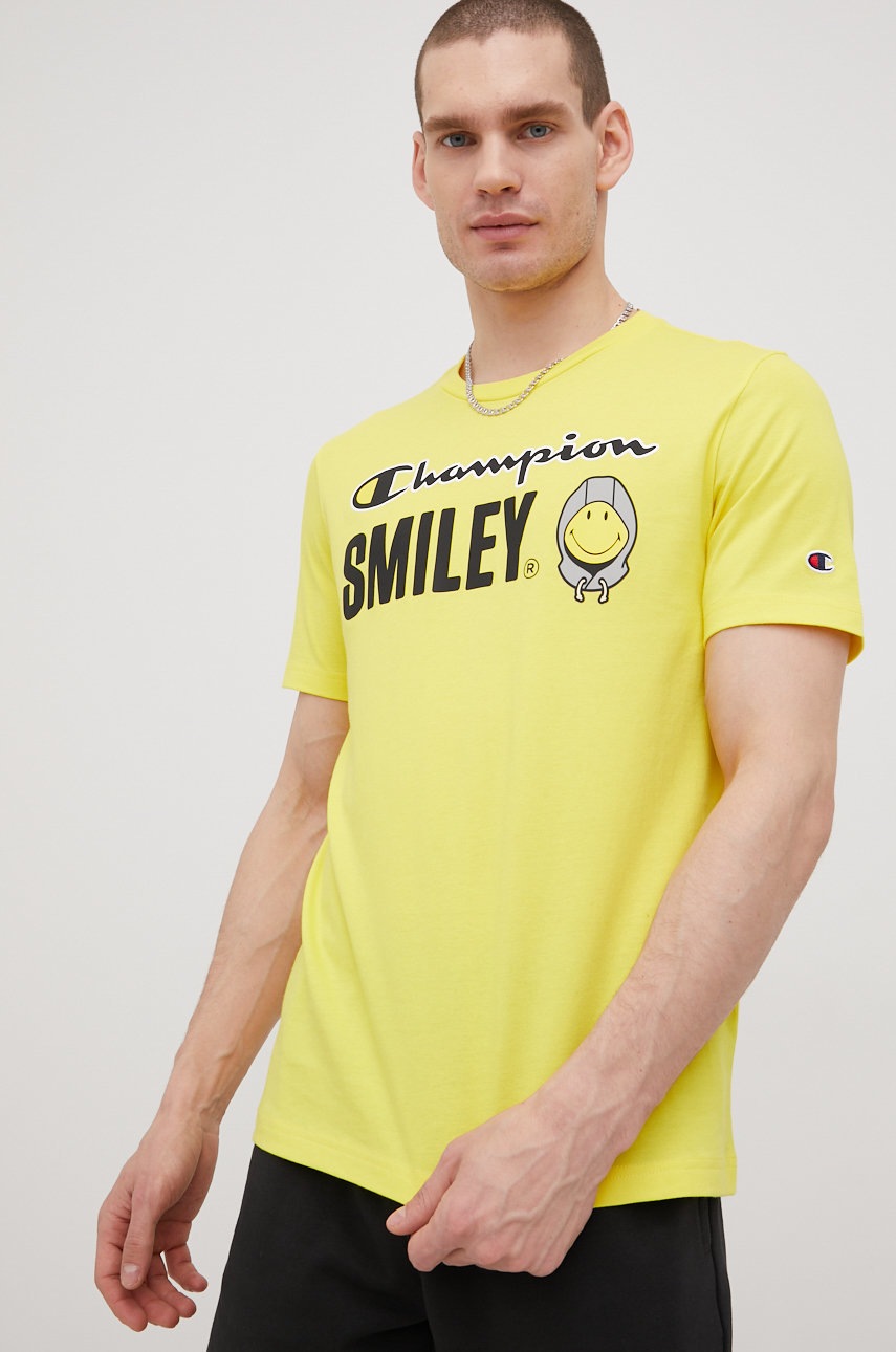 

Памучна тениска Champion Champion X Smiley 218221 в жълто с принт, Жълт