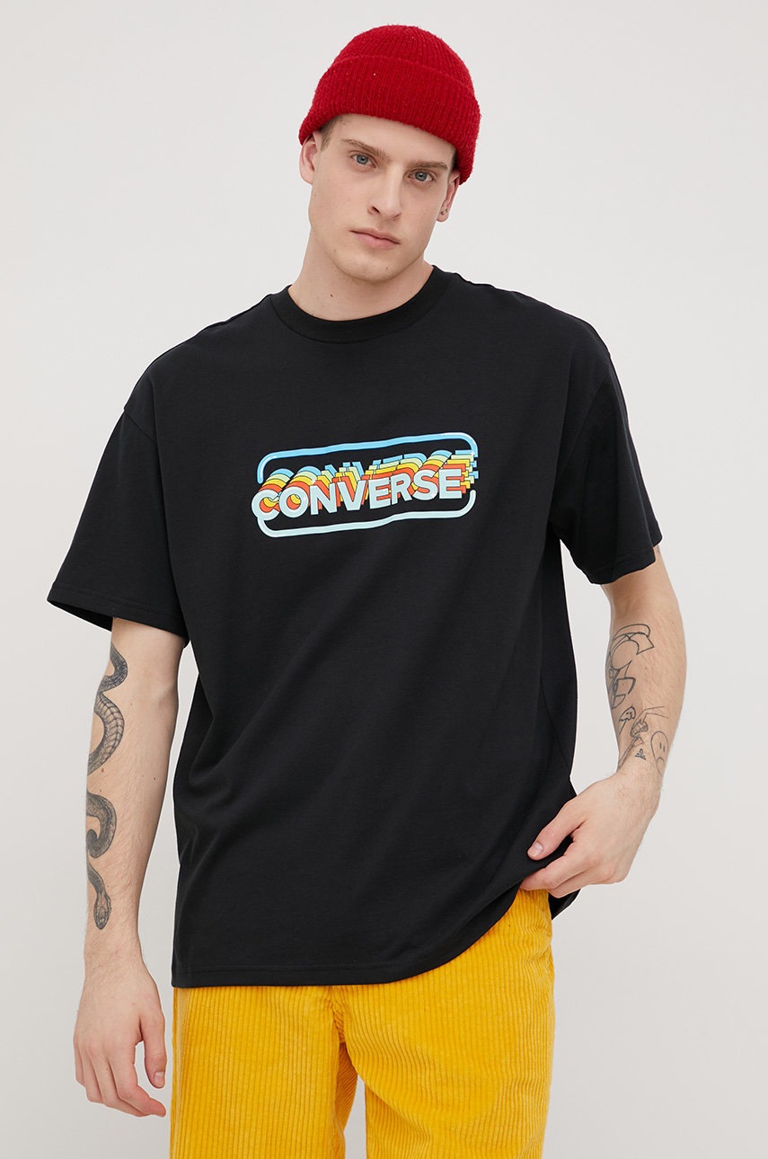 

Памучна тениска Converse в черно с принт, Черен