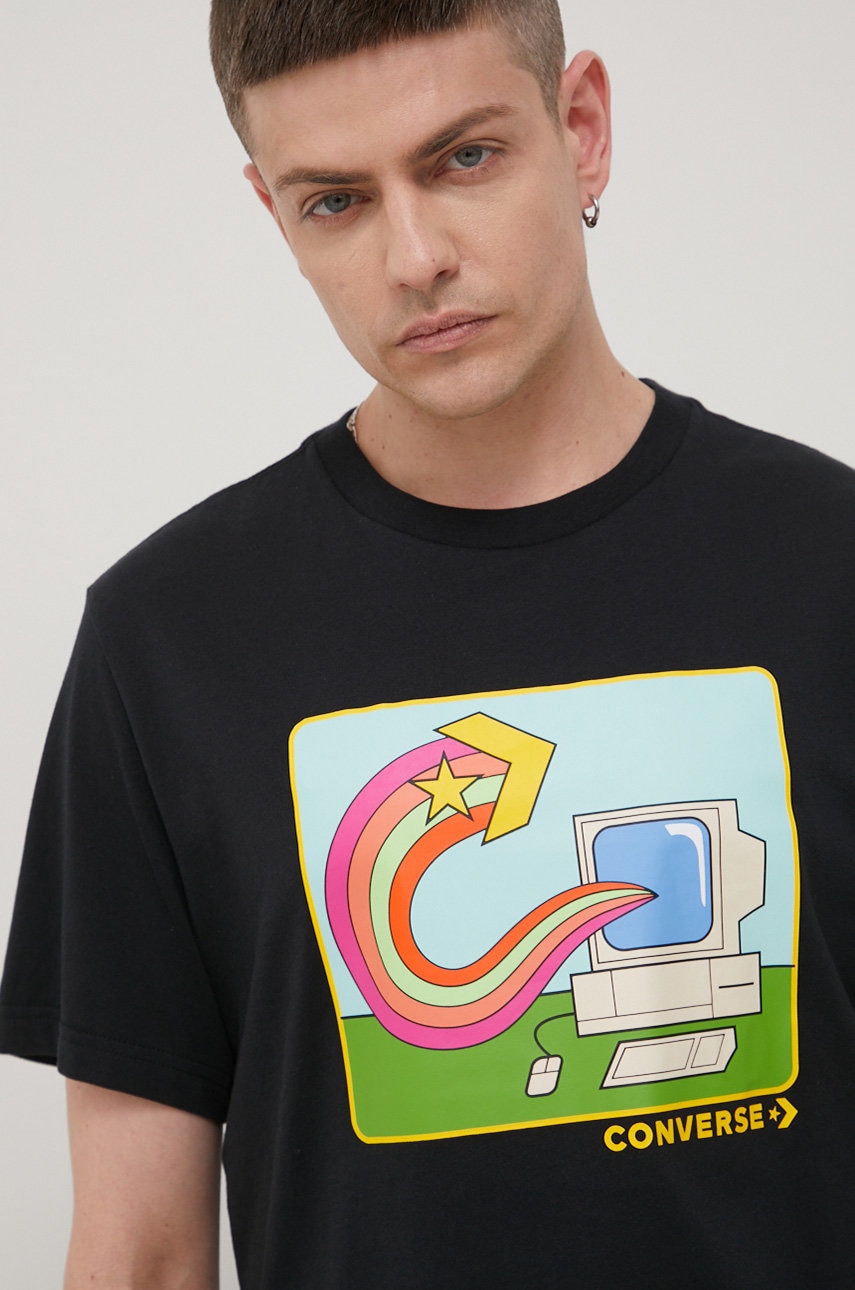 

Памучна тениска Converse в черно с принт, Черен