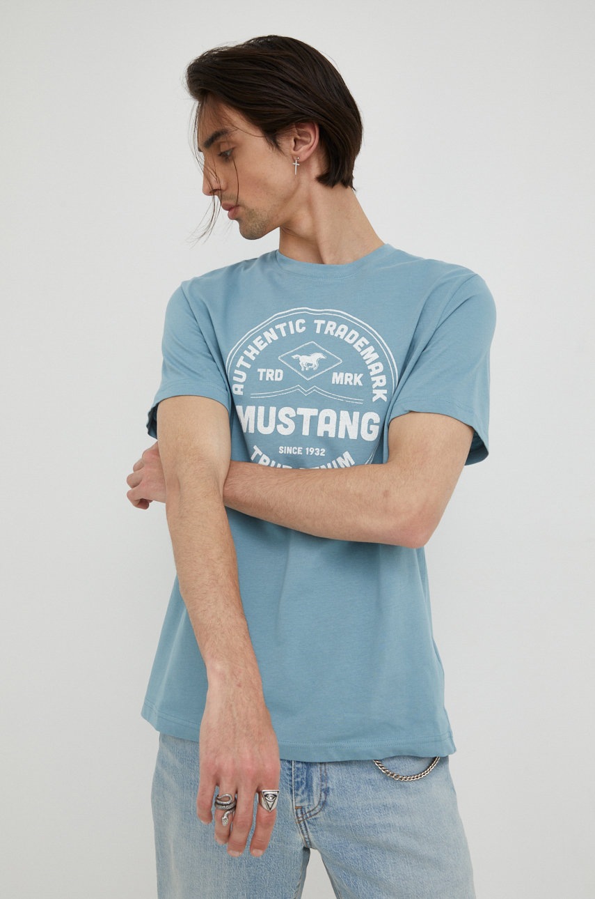 

Памучна тениска Mustang с принт, Син
