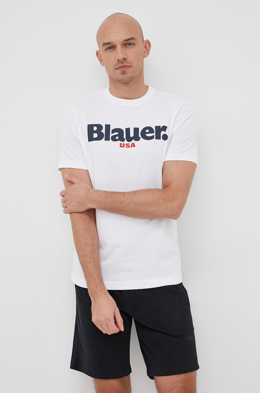 

Памучна тениска Blauer в бяло с принт, Бял