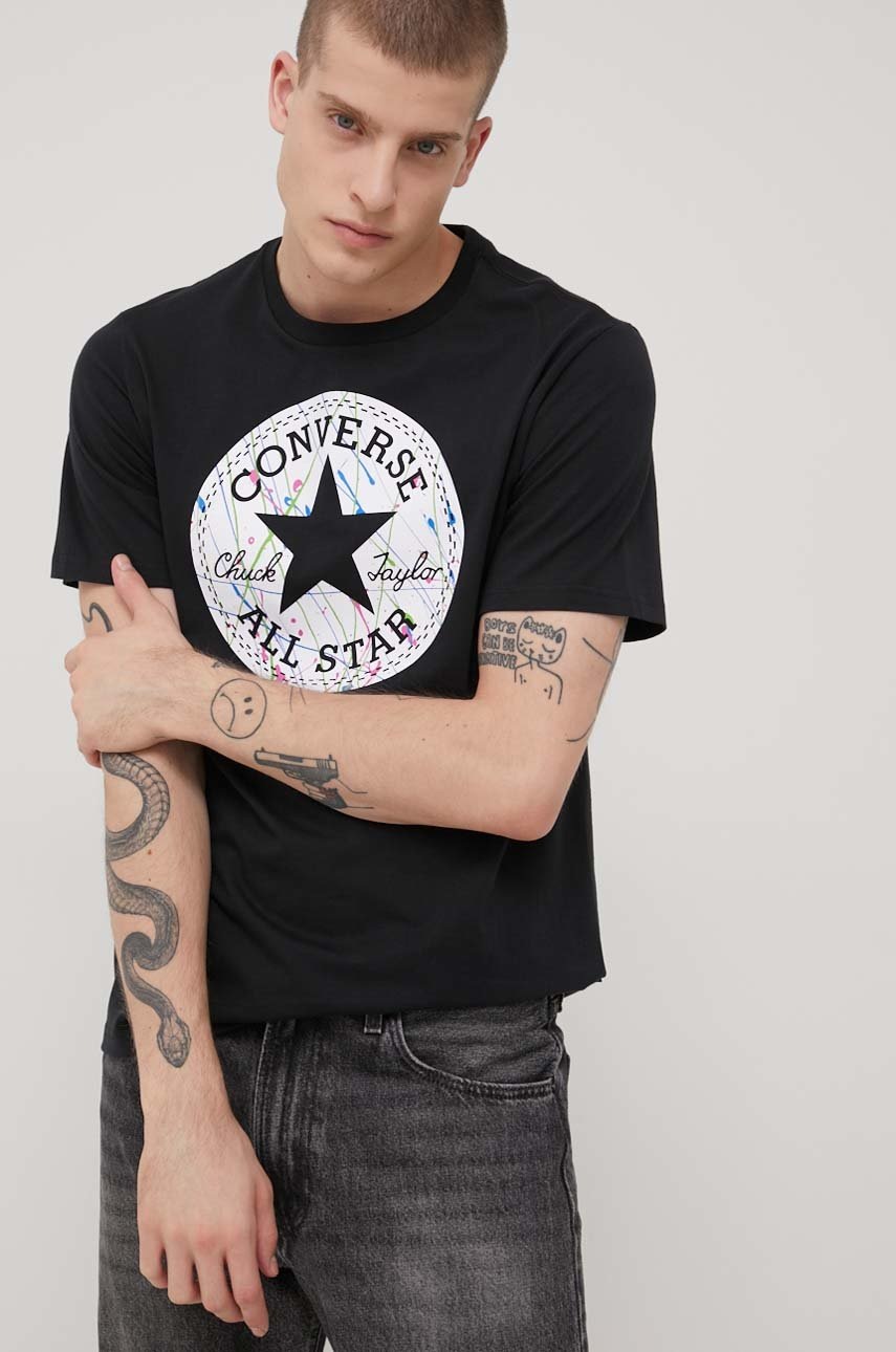 

Памучна тениска Converse в черно с принт, Черен