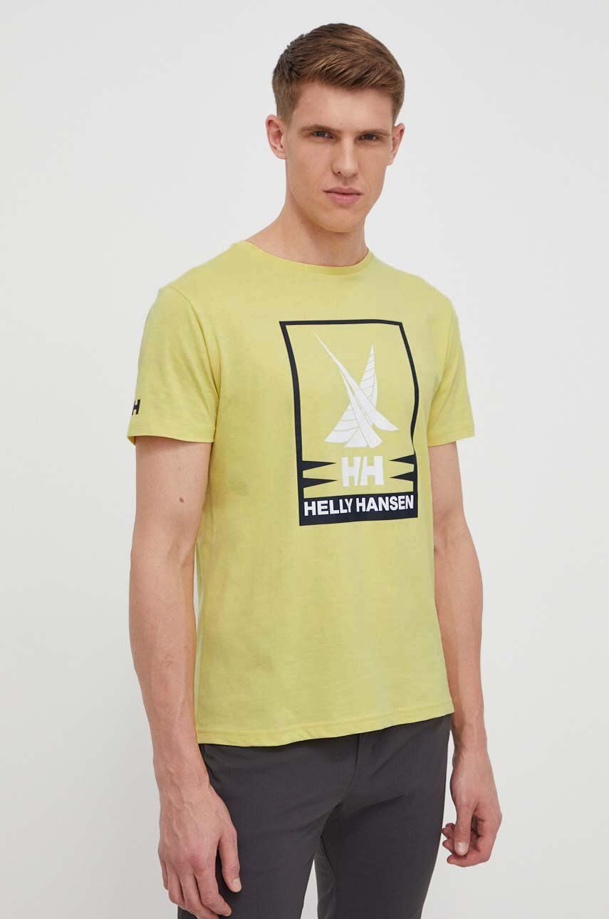 Helly Hansen tricou din bumbac barbati, culoarea galben, cu imprimeu