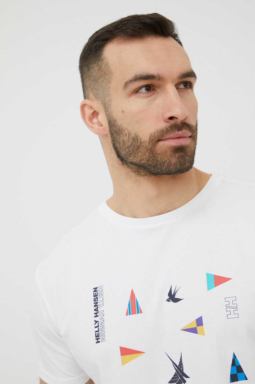 

Памучна тениска Helly Hansen в бяло с принт, Бял