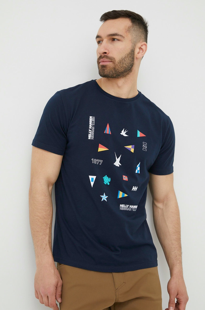 

Памучна тениска Helly Hansen в тъмносиньо с принт, Тъмносин