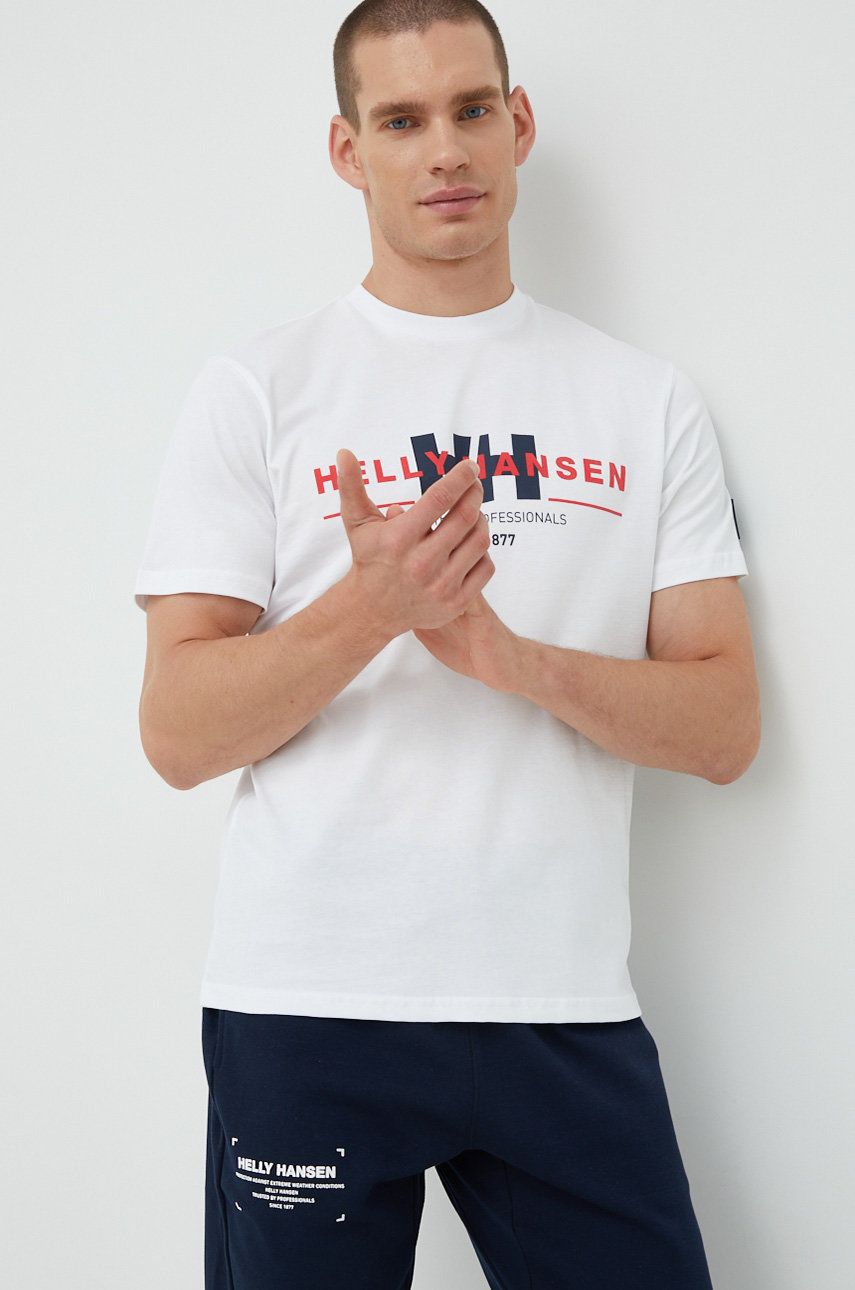 Helly Hansen tricou din bumbac culoarea alb, cu imprimeu Alb imagine noua