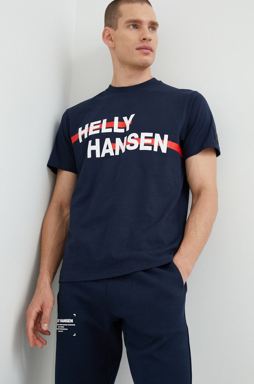 Levně Bavlněné tričko Helly Hansen tmavomodrá barva, s potiskem