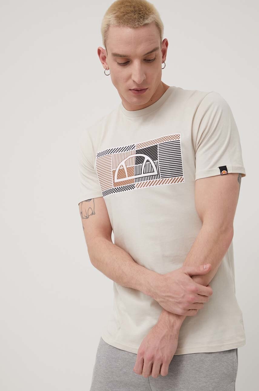 Ellesse tricou din bumbac culoarea bej, cu imprimeu