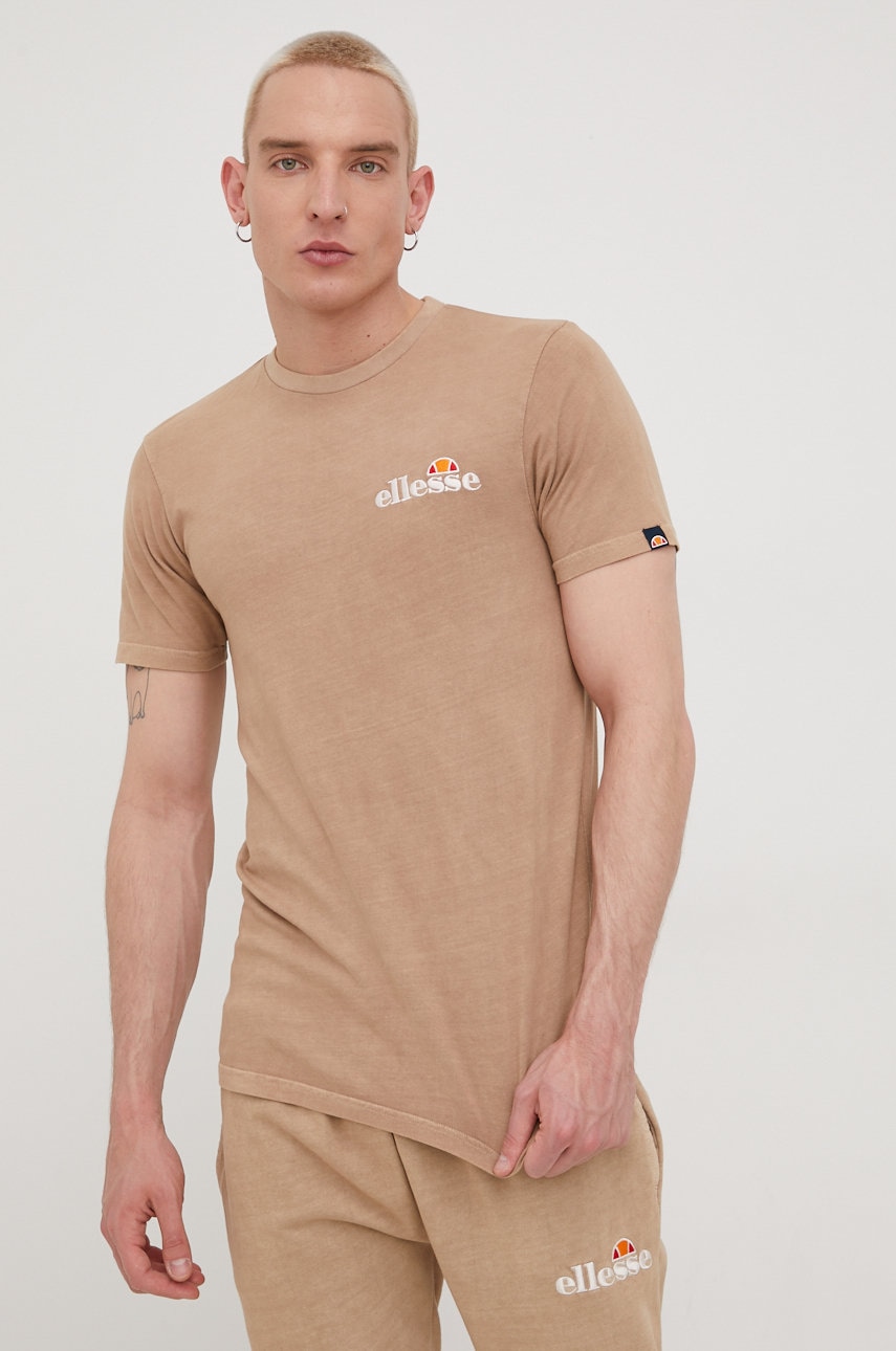 Ellesse t-shirt bawełniany kolor brązowy z aplikacją