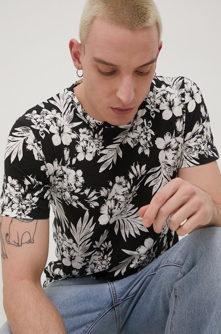 

Памучна тениска Jack & Jones в черно с десен, Черен
