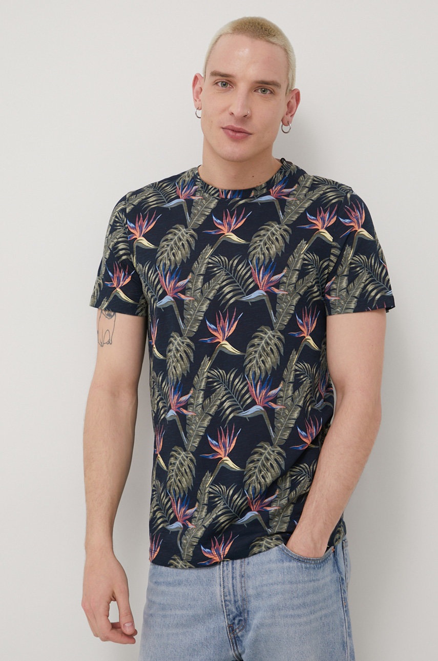 

Памучна тениска Jack & Jones в тъмносиньо с десен, Тъмносин