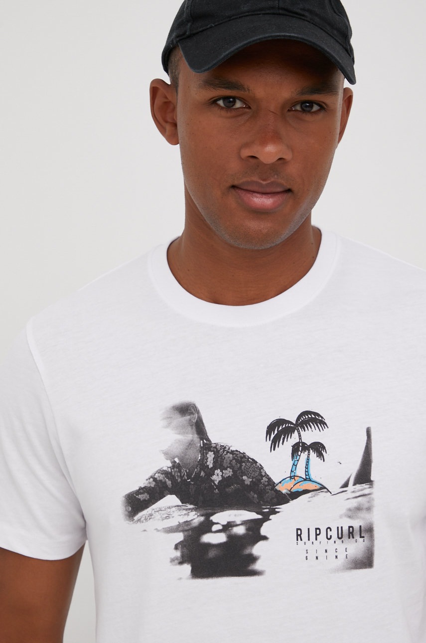 

Памучна тениска Rip Curl в бяло с принт, Бял
