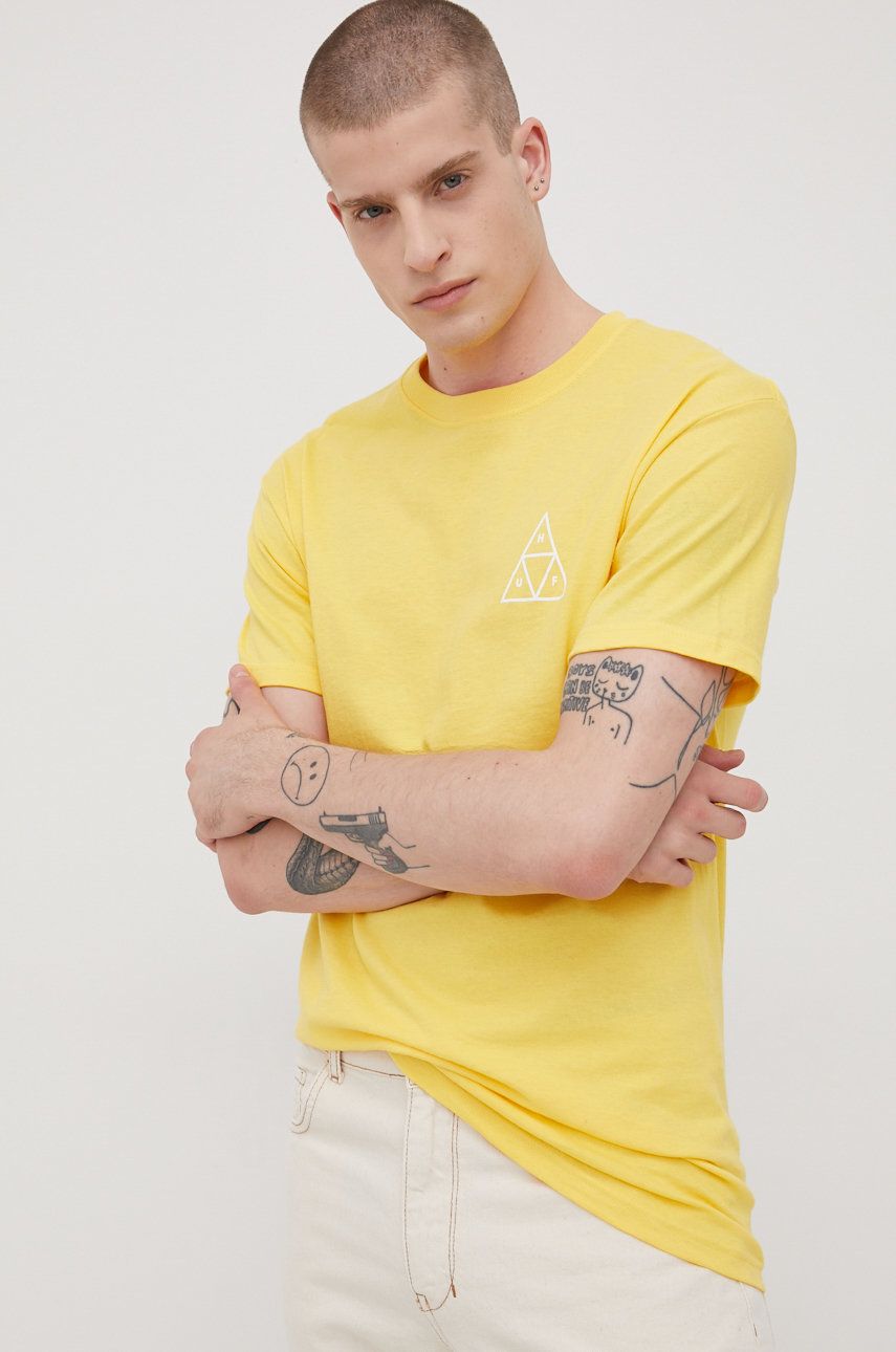 Levně Bavlněné tričko HUF žlutá barva, s potiskem
