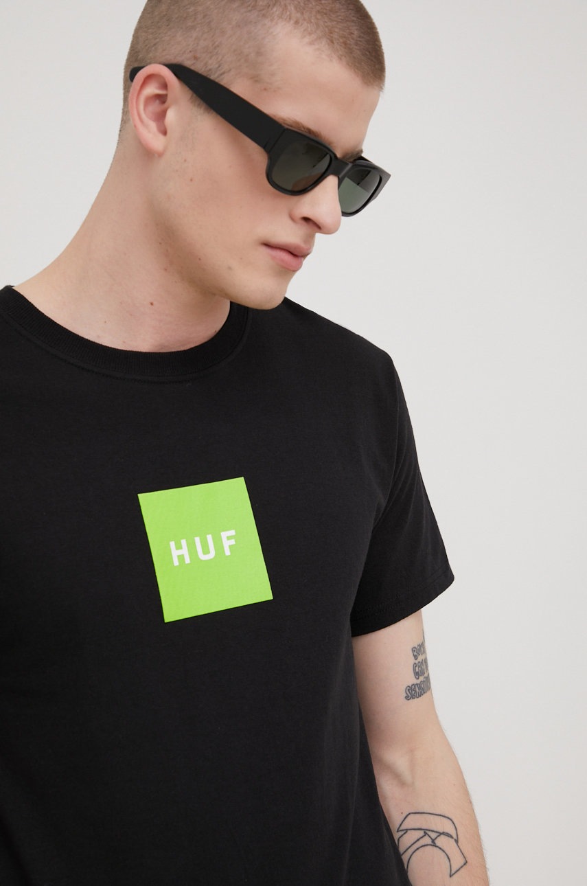 

Памучна тениска HUF в черно с принт, Черен