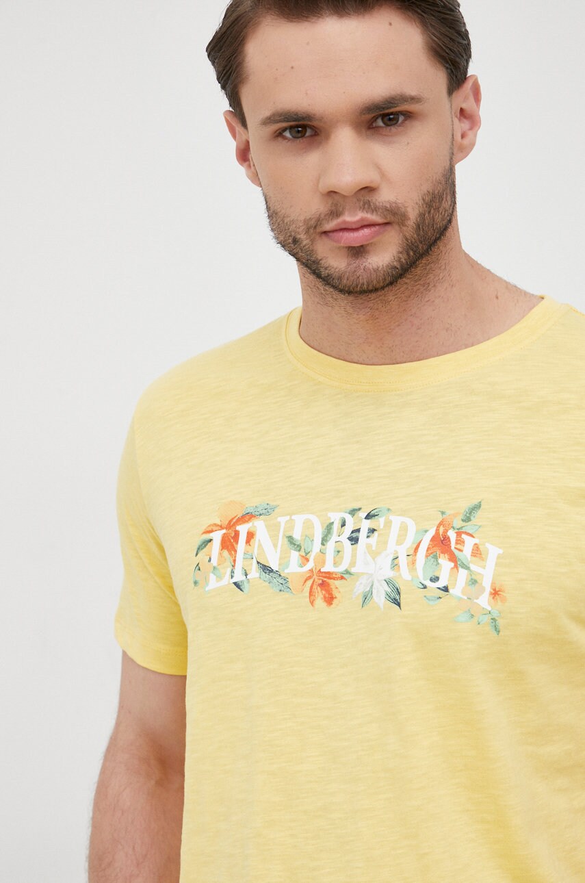 Lindbergh tricou din bumbac culoarea galben, cu imprimeu
