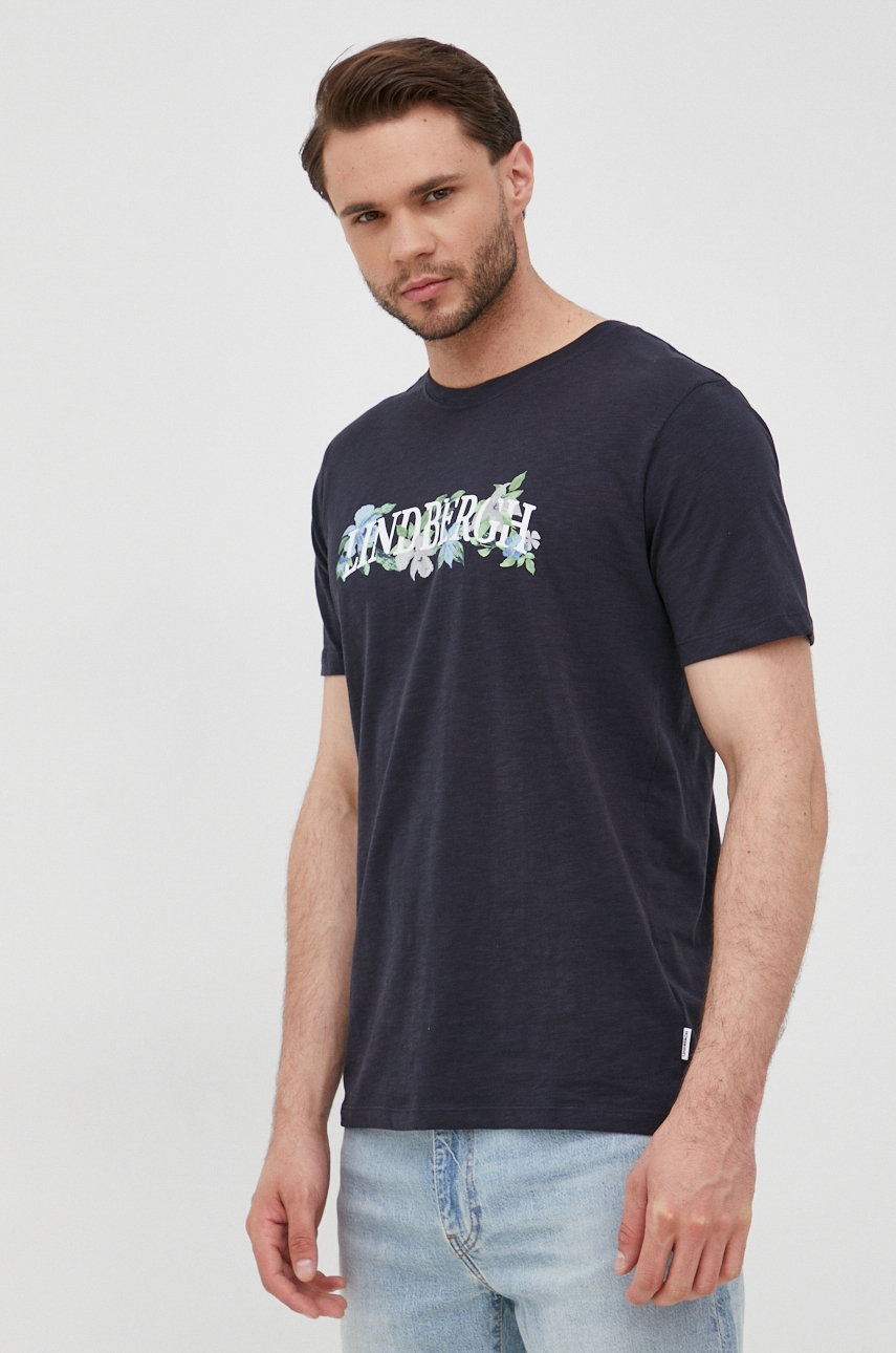 Lindbergh tricou din bumbac culoarea albastru marin, cu imprimeu