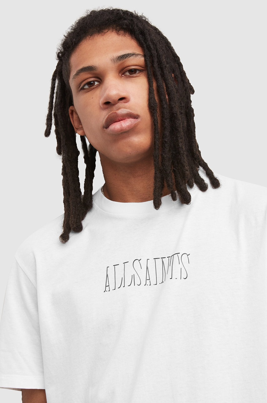 

Бавовняна футболка AllSaints колір білий з принтом