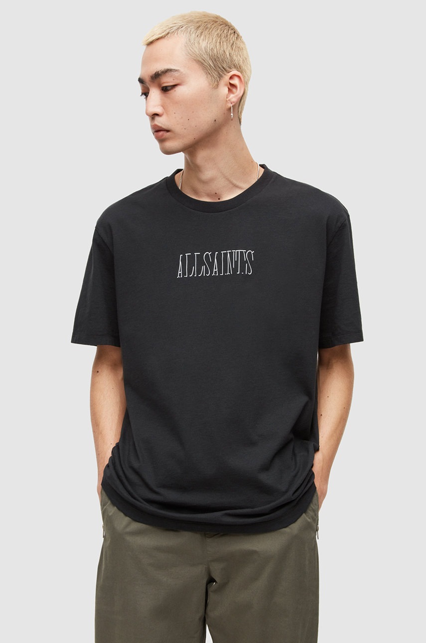 

Памучна тениска AllSaints в черно с принт, Черен