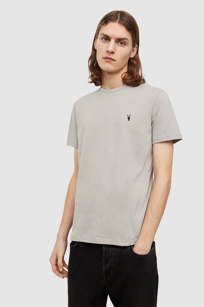 

Памучна тениска AllSaints в сиво с изчистен дизайн, Сив