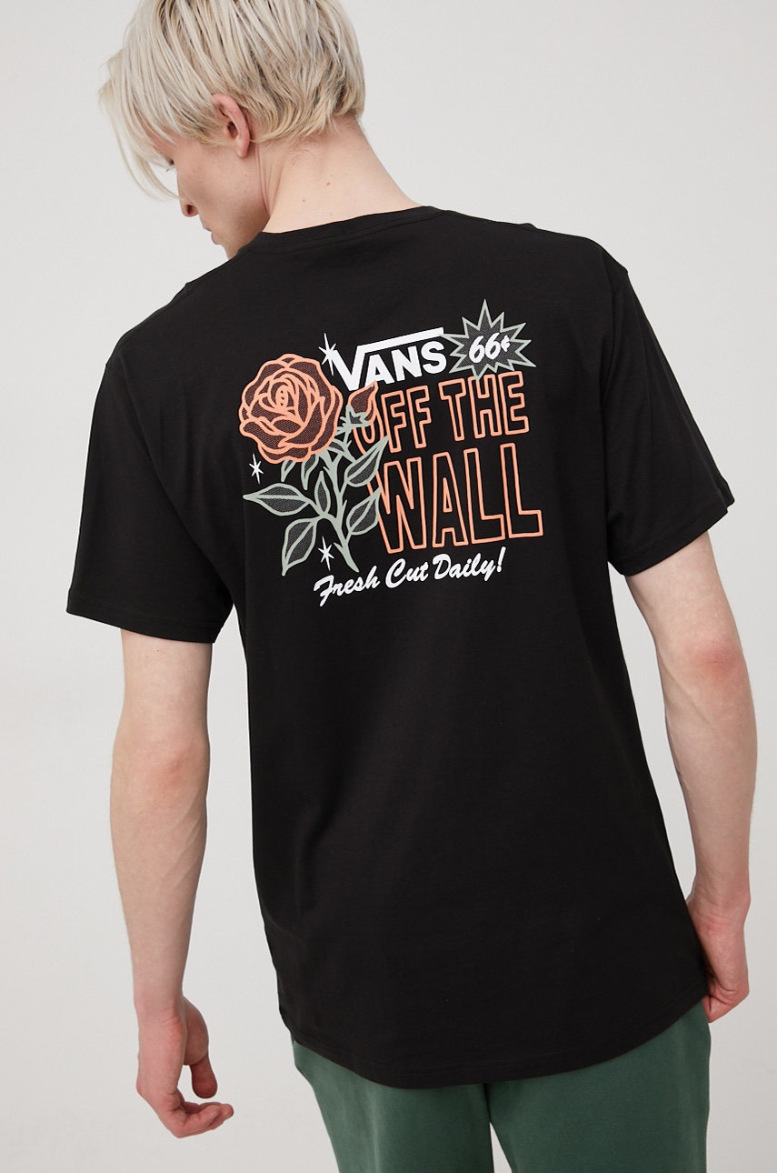 

Памучна тениска Vans в черно с принт, Черен