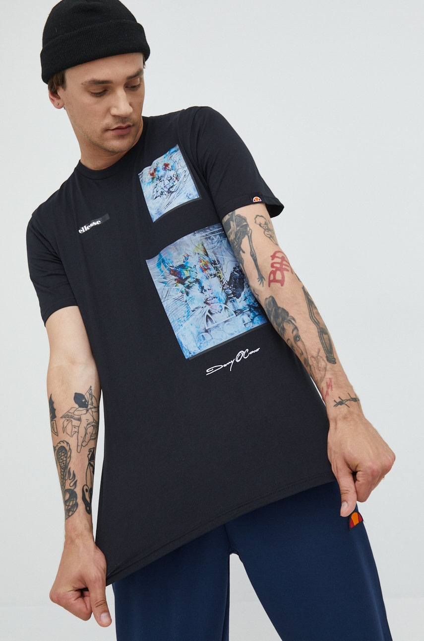 

Памучна тениска Ellesse в черно с принт, Черен
