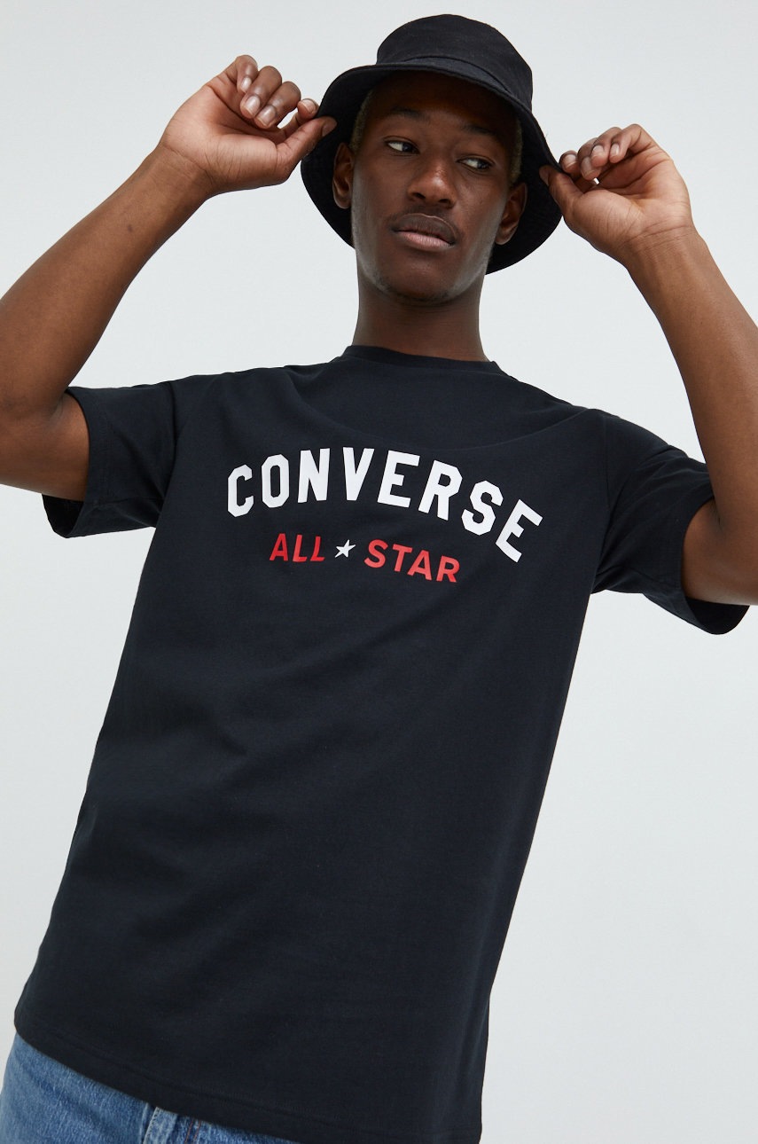 

Памучна тениска Converse в черно с принт, Черен