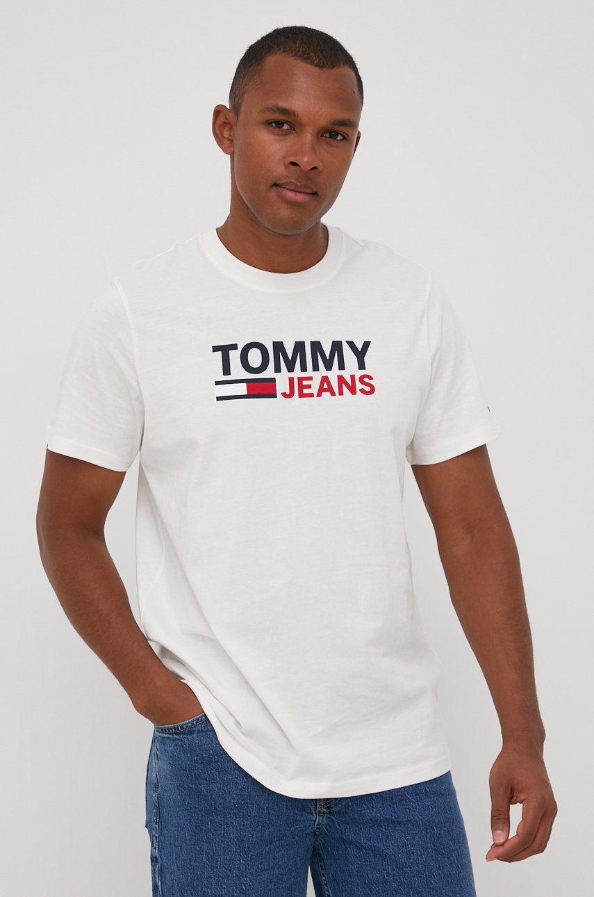 

Памучна тениска Tommy Jeans в бяло с принт, Бял
