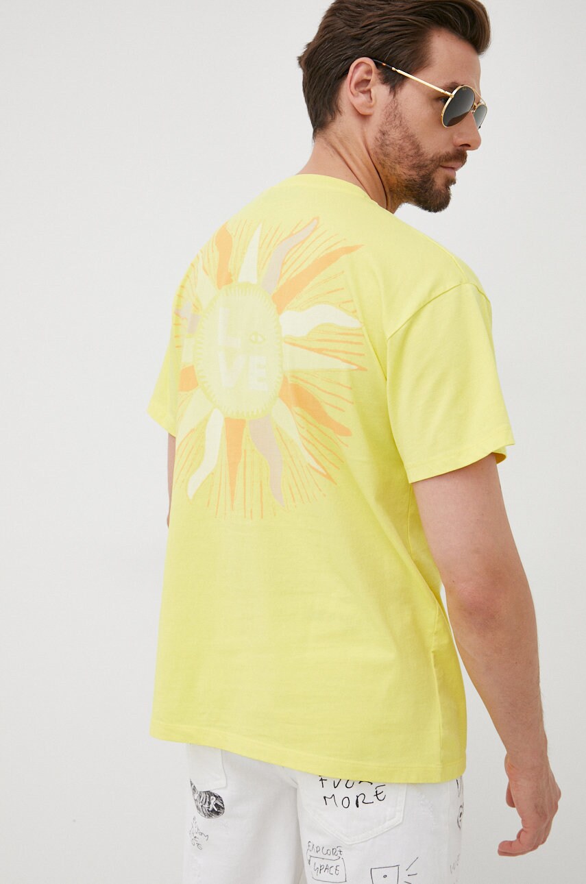 Desigual tricou din bumbac culoarea galben, cu imprimeu