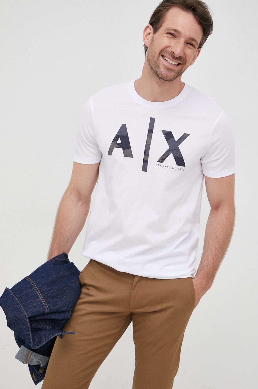 

Памучна тениска Armani Exchange в бяло с принт, Бял