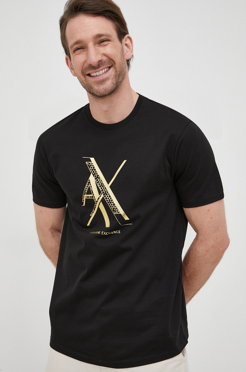 

Памучна тениска Armani Exchange в черно с принт, Черен