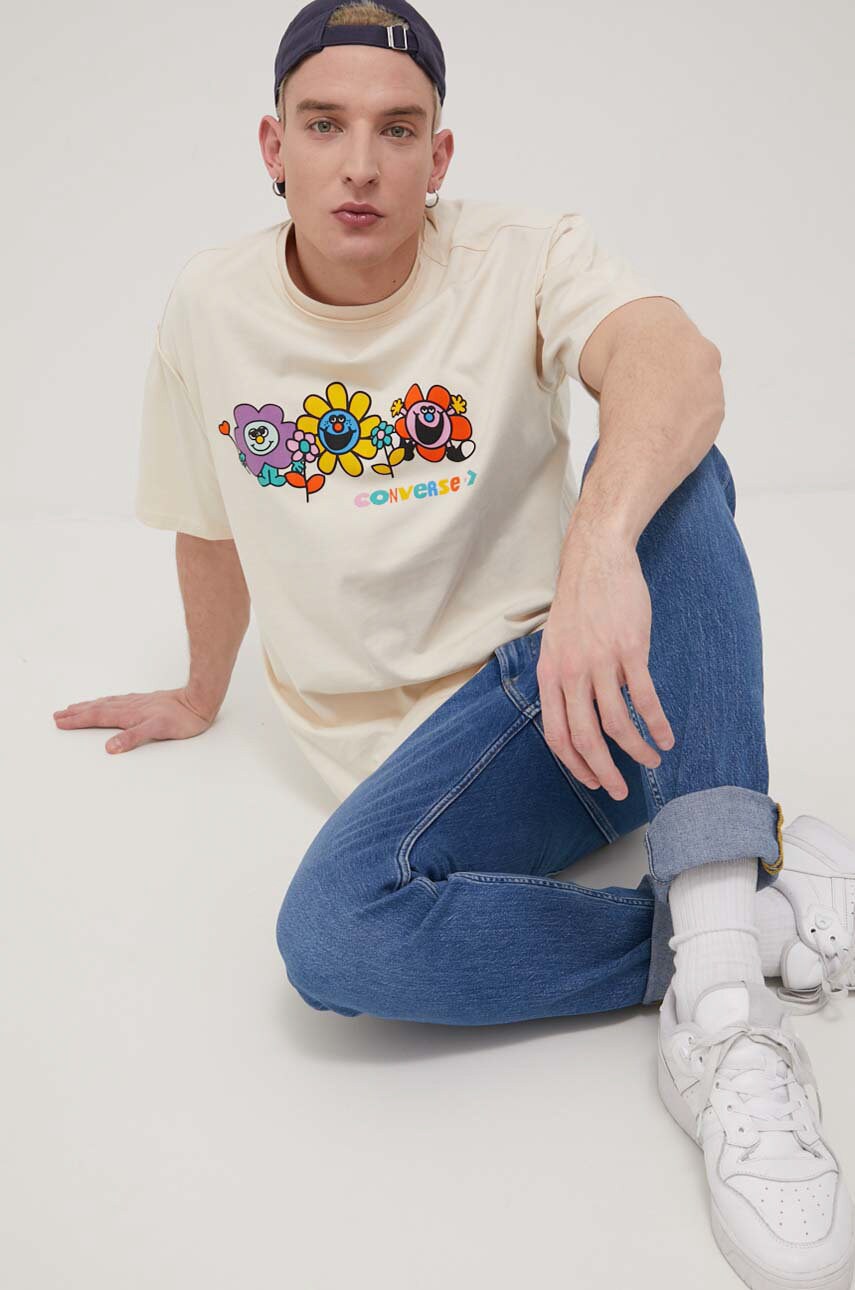 Converse tricou din bumbac culoarea bej, cu imprimeu