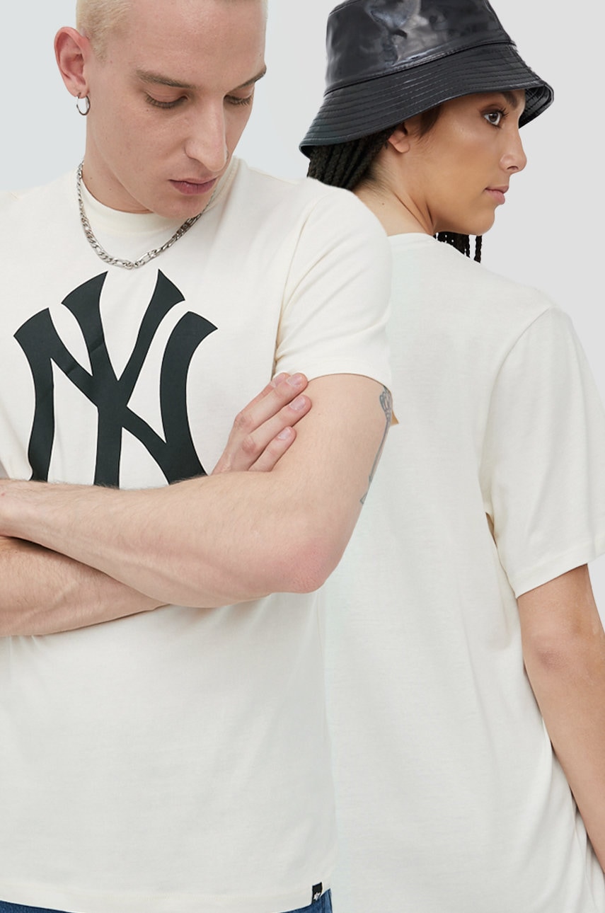 47brand Tricou Din Bumbac Mlb New York Yankees Culoarea Bej, Cu Imprimeu