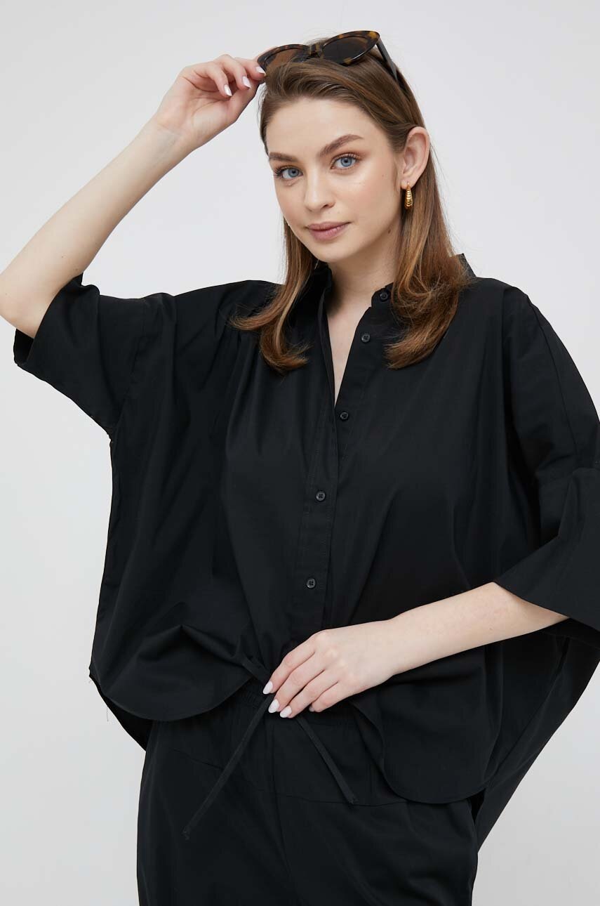 

Риза Dkny дамска в черно със свободна кройка с класическа яка, Черен