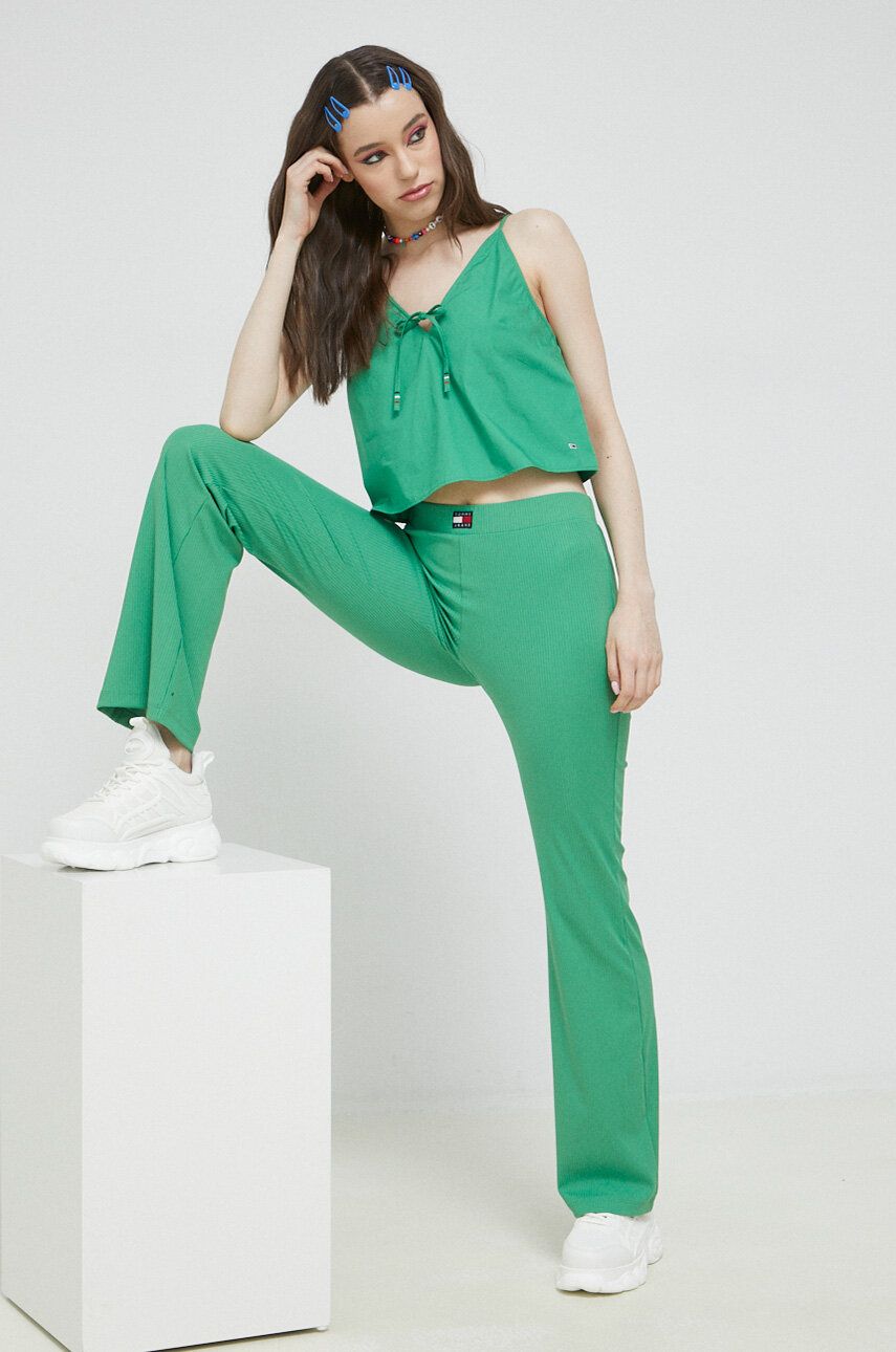 Bavlněná halenka Tommy Jeans dámská, zelená barva, hladká - zelená -  100 % Bavlna