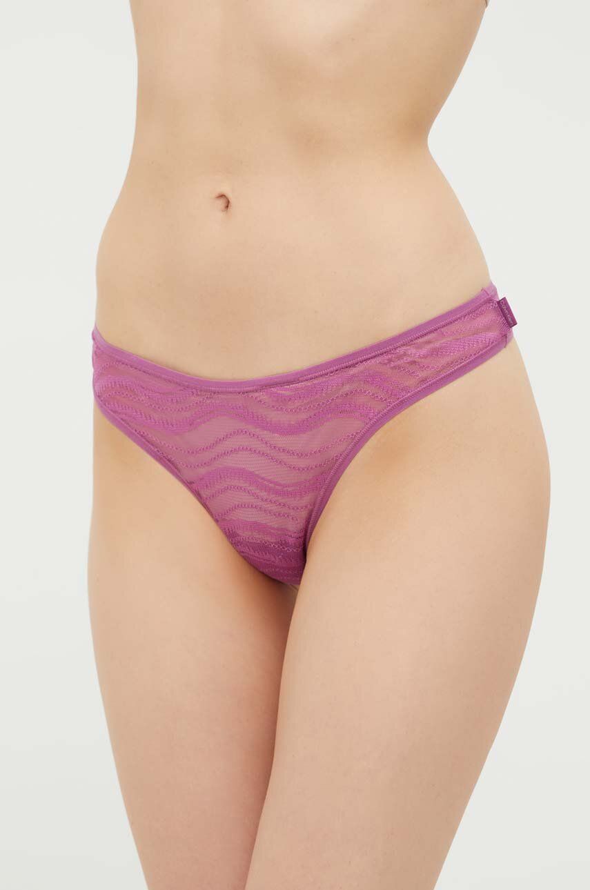 Levně Tanga Calvin Klein Underwear fialová barva, průhledné