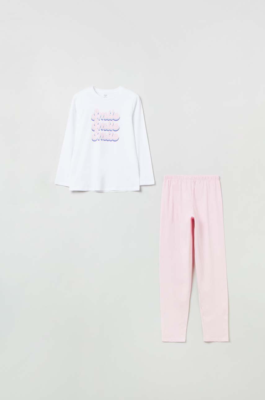 OVS pijamale de bumbac pentru copii culoarea alb, cu imprimeu