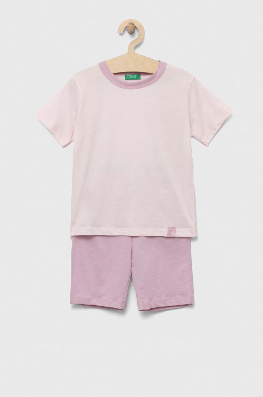 United Colors of Benetton pijamale de bumbac pentru copii culoarea roz, neted