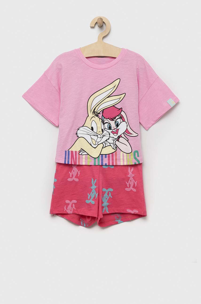 Levně Dětské bavlněné pyžamo United Colors of Benetton x Looney Tunes růžová barva, s potiskem