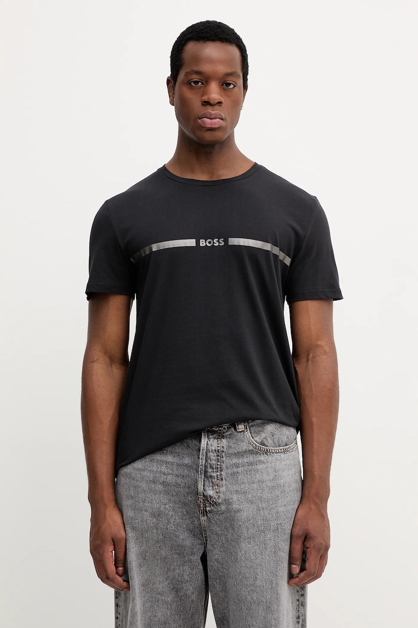 BOSS tricou de plajă din bumbac culoarea albastru marin, cu imprimeu