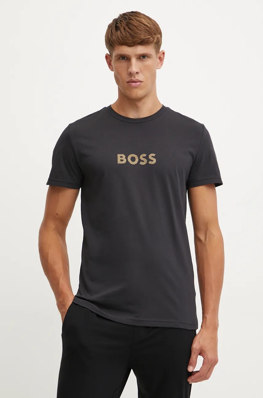 BOSS tricou de plajă din bumbac culoarea negru, cu imprimeu