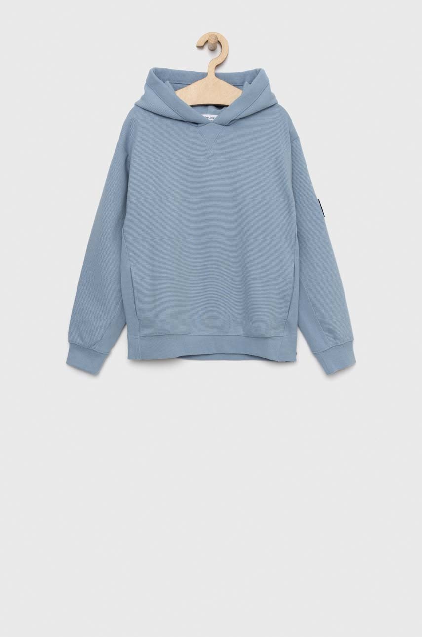 

Детски памучен суичър Calvin Klein Jeans с качулка с изчистен дизайн, Син