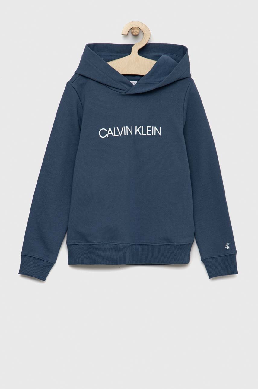 

Детски памучен суичър Calvin Klein Jeans с качулка с принт, Син