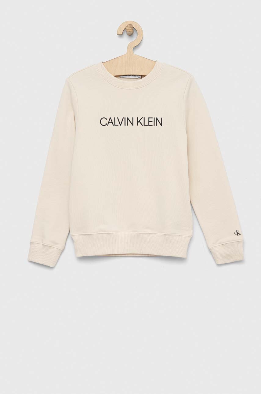 

Детски памучен суичър Calvin Klein Jeans в бежово с изчистен дизайн, Бежов