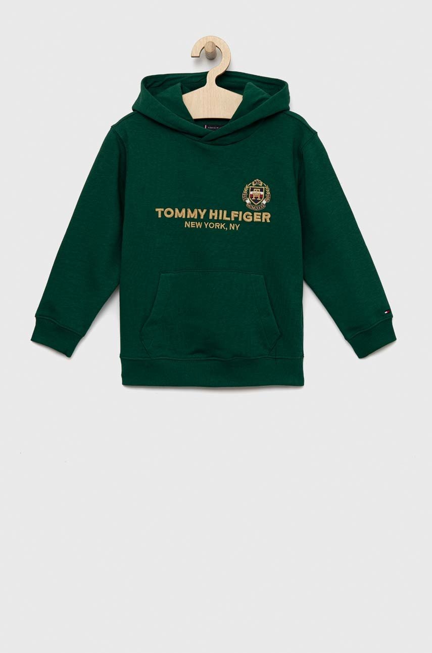 

Детски суичър Tommy Hilfiger в зелено с качулка с принт, Зелен