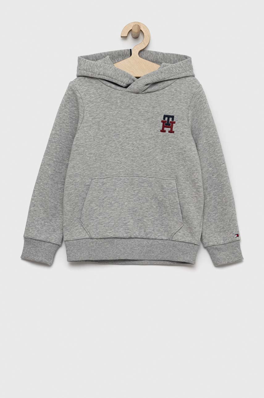 

Детски суичър Tommy Hilfiger в сиво с качулка с изчистен дизайн, Сив
