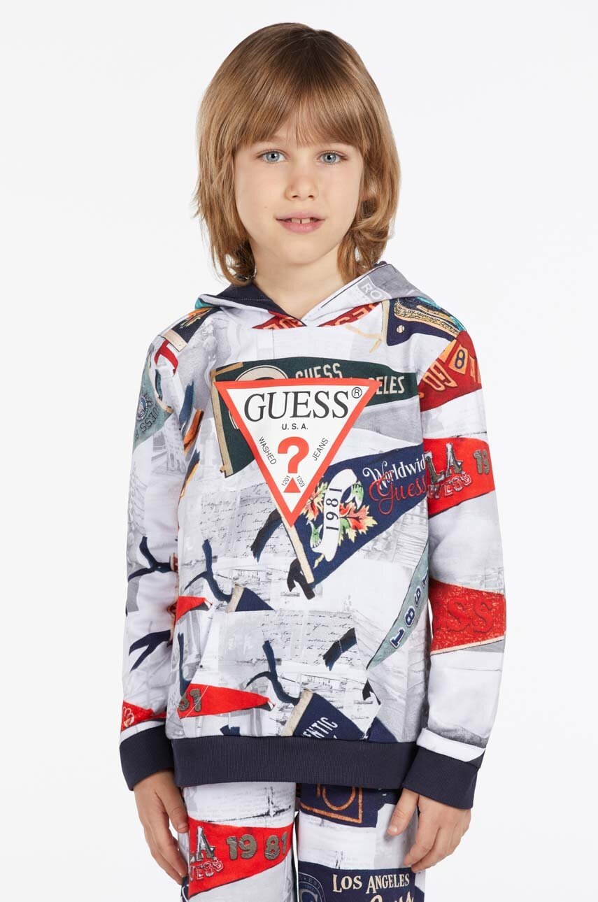 

Детская хлопковая кофта Guess цвет серый с капюшоном узор