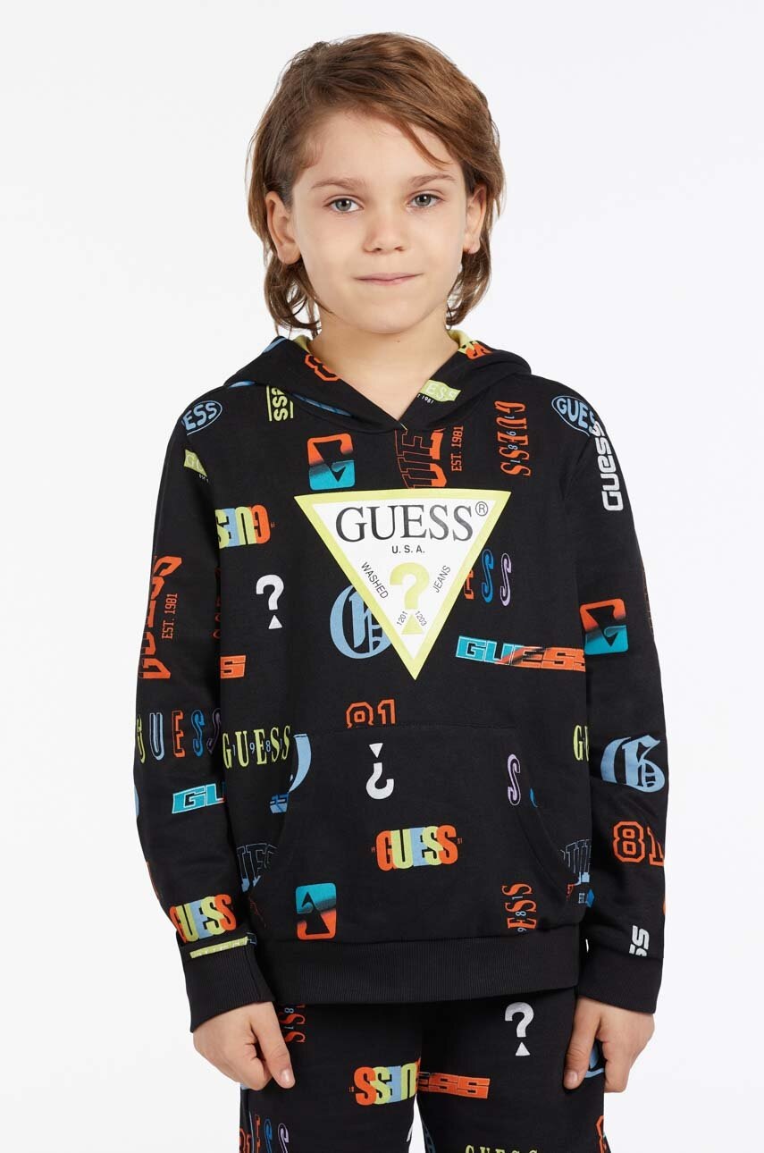 

Дитяча бавовняна кофта Guess колір чорний з капюшоном візерунок