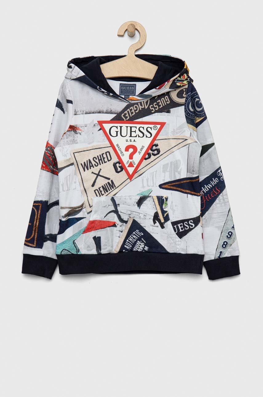 

Детская хлопковая кофта Guess цвет серый с капюшоном узор