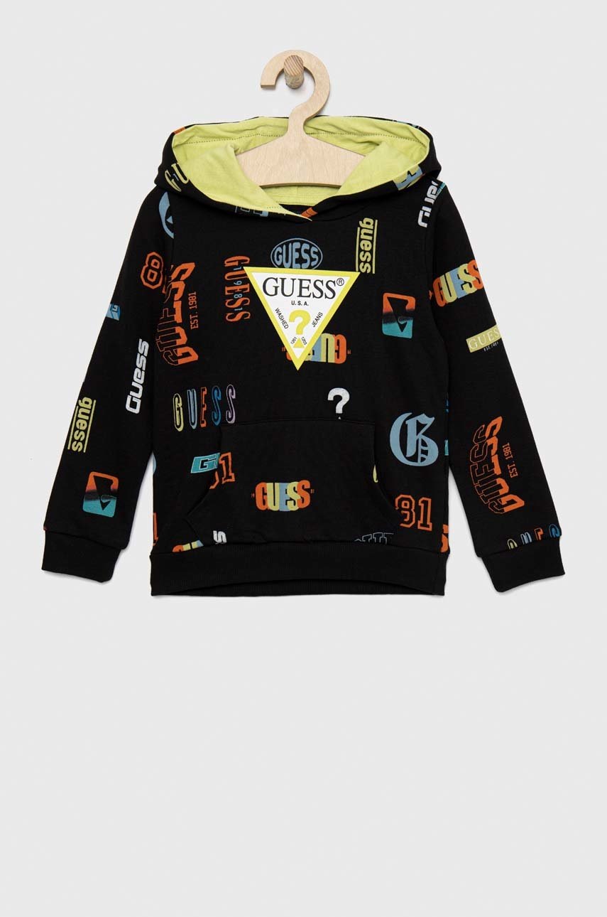 

Детски памучен суичър Guess в черно с качулка с десен, Черен